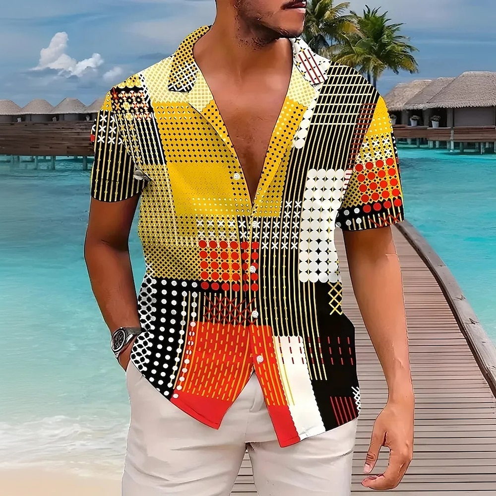 Herren Patchwork Geometrische Muster Hemd Kubanisches Hemd Kurzarm Modisch lässig Urlaub Festtage Strassenmode Sommer Frühling Hemd mit Camp-Kragen 3D-Druck Gelb Blau Purpur Grün Lightinthebox