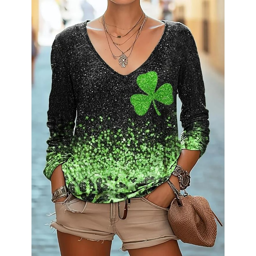 St. Patrick Damen T Shirt Kleeblatt Modisch Modern Brautkleider schlicht Langarm Rundhalsausschnitt Normale Oberteile Täglich Ausgehen Wochenende Bedruckt Schwarz Sommer Frühling Lightinthebox