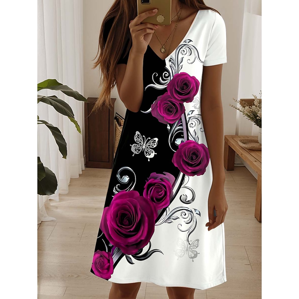 Damen Casual kleid Elegant Tropisch Hawaiianisch Täglich Regular Fit Blumen Kurzarm Rundhalsausschnitt Schwarz Sommer Lightinthebox