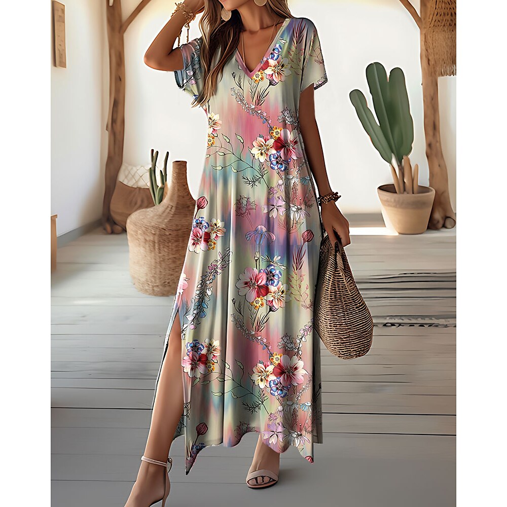 Damen Maxidress Casual kleid A Linie Kleid Stilvoll Brautkleider schlicht Urlaub Täglich Regular Fit Blumen Kurzarm V Ausschnitt Rosa Sommer Frühling Lightinthebox