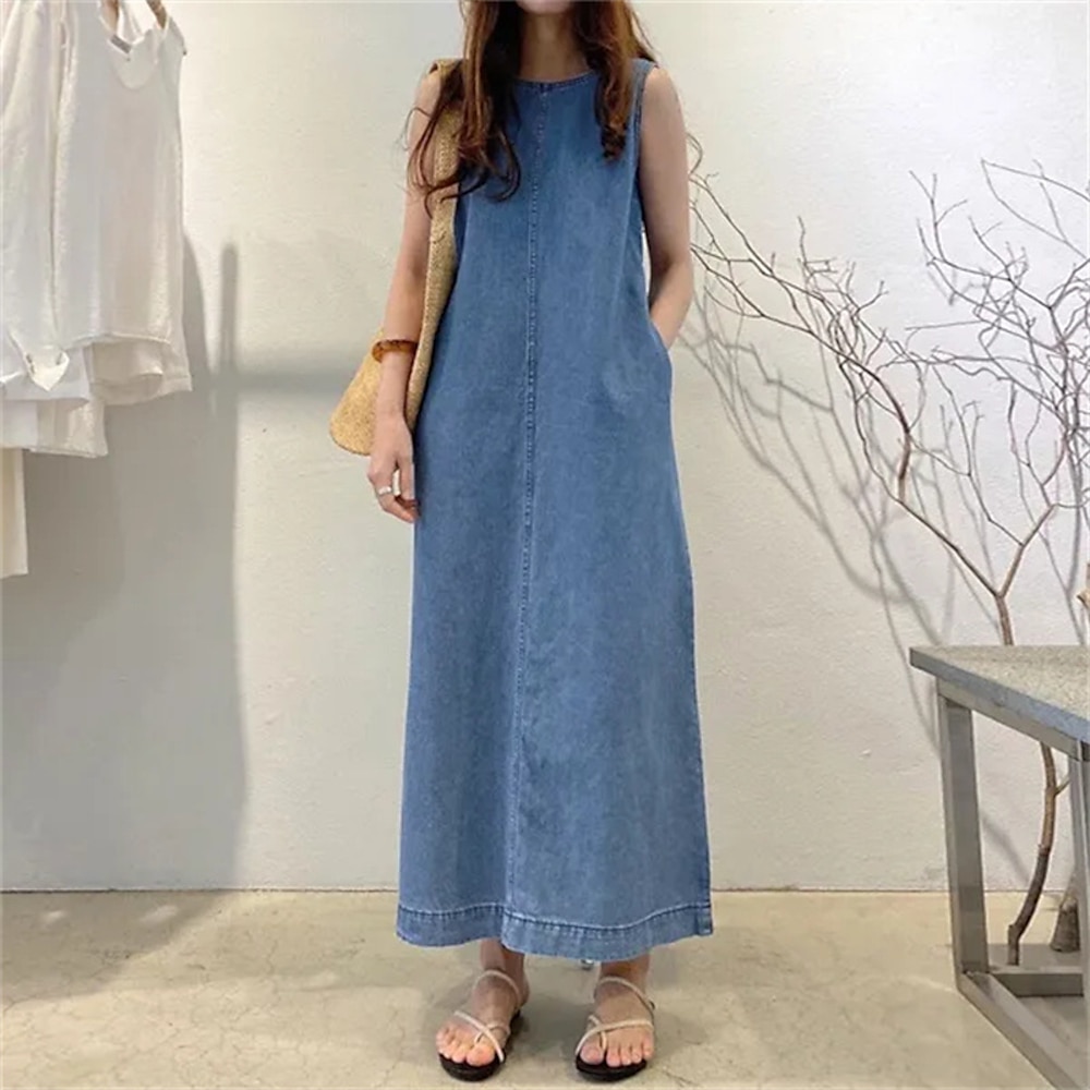 Damen kleid lang Jeanskleider Casual kleid Sommerkleid Modisch Outdoor Festtage Verabredung Regular Fit Glatt Ärmellos Rundhalsausschnitt Schwarz Blau Dunkelblau Sommer Frühling Lightinthebox