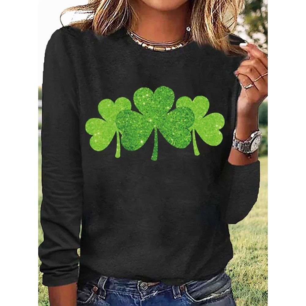 St. Patrick Damen T Shirt Pflanzen Brautkleider schlicht Langarm Rundhalsausschnitt Normale Oberteile Täglich Bedruckt Schwarz Frühling Herbst Lightinthebox