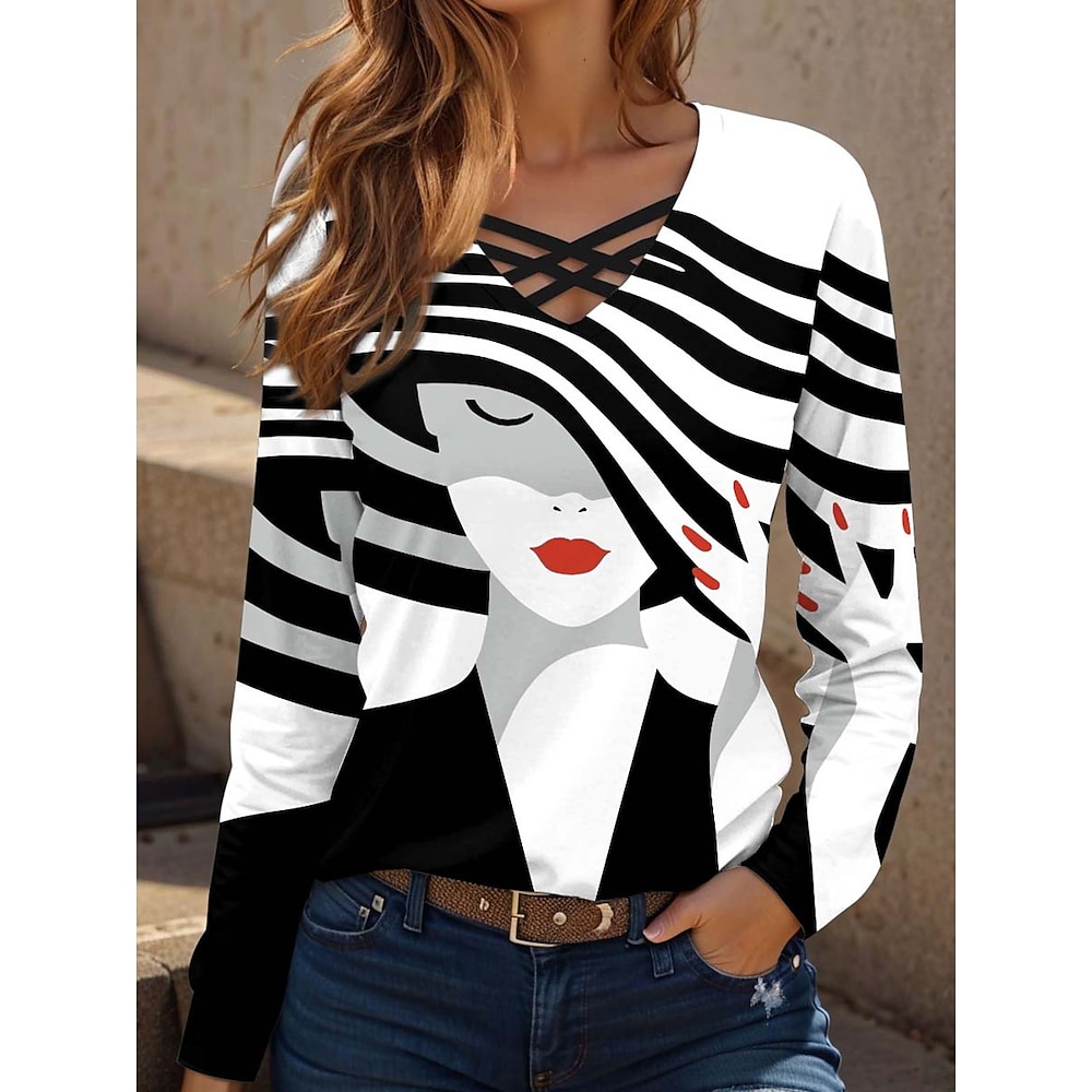 Damen T Shirt Graphic Geometrisch Brautkleider schlicht Langarm V Ausschnitt Normale Oberteile Täglich Ausgeschnitten Bedruckt Schwarz und weiss Frühling Herbst Lightinthebox