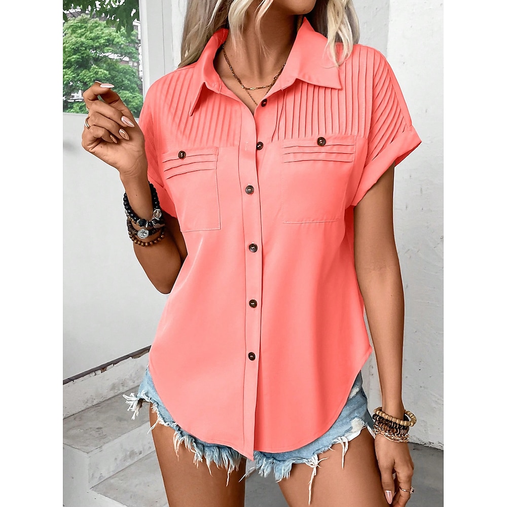 Damen Hemd Bluse Feste Farbe Elegant Stilvoll Basic Kurzarm V Ausschnitt Normale Oberteile Täglich Rosa Blau Orange Grün Sommer Frühling Lightinthebox