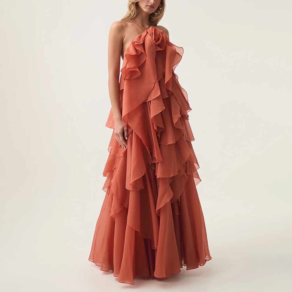 A-Linien-Abendkleid, elegantes Kleid, formelle Abendparty, bodenlang, ärmellos, Neckholder, Organza mit Blumen und Rüschen 2025 Lightinthebox