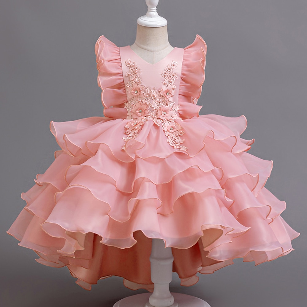 Blumenmädchenkleid Mädchen Formelle Kleidung Prinzessinenkleid Party Kleid Hochzeit Besondere Anlässe bezaubernd Süß Rüschen Zip Blumen Ärmellos V-Ausschnitt Weiß Champagner 4-13 Jahre Lightinthebox