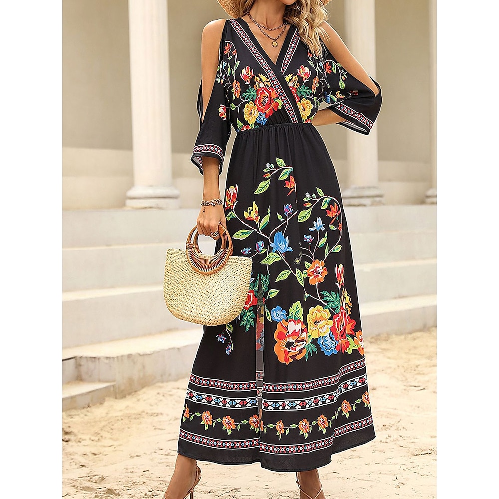 Damen Maxidress A Linie Kleid Stilvoll Brautkleider schlicht Urlaub Casual Täglich Regular Fit Blumen 3/4 Ärmel V Ausschnitt Schwarz Sommer Frühling Lightinthebox