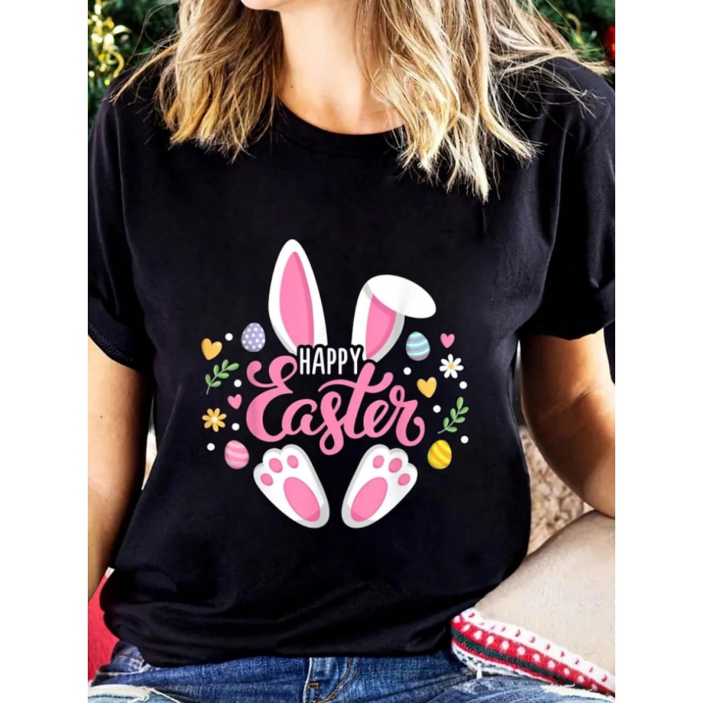 Ostern Damen T Shirt Karikatur Brautkleider schlicht Kurzarm Rundhalsausschnitt Normale Oberteile Täglich Bedruckt Schwarz Sommer Lightinthebox