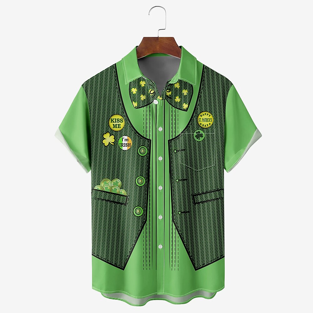 St. Patricks Day Herren Vierblättriges Kleeblatt Kostüm Hemd Knopfhemd Kurzarm Vintage Urlaub Festtage Festival Sommer Frühling Umlegekragen Hemden mit Kragen Eine Tasche vorne Grün Lightinthebox