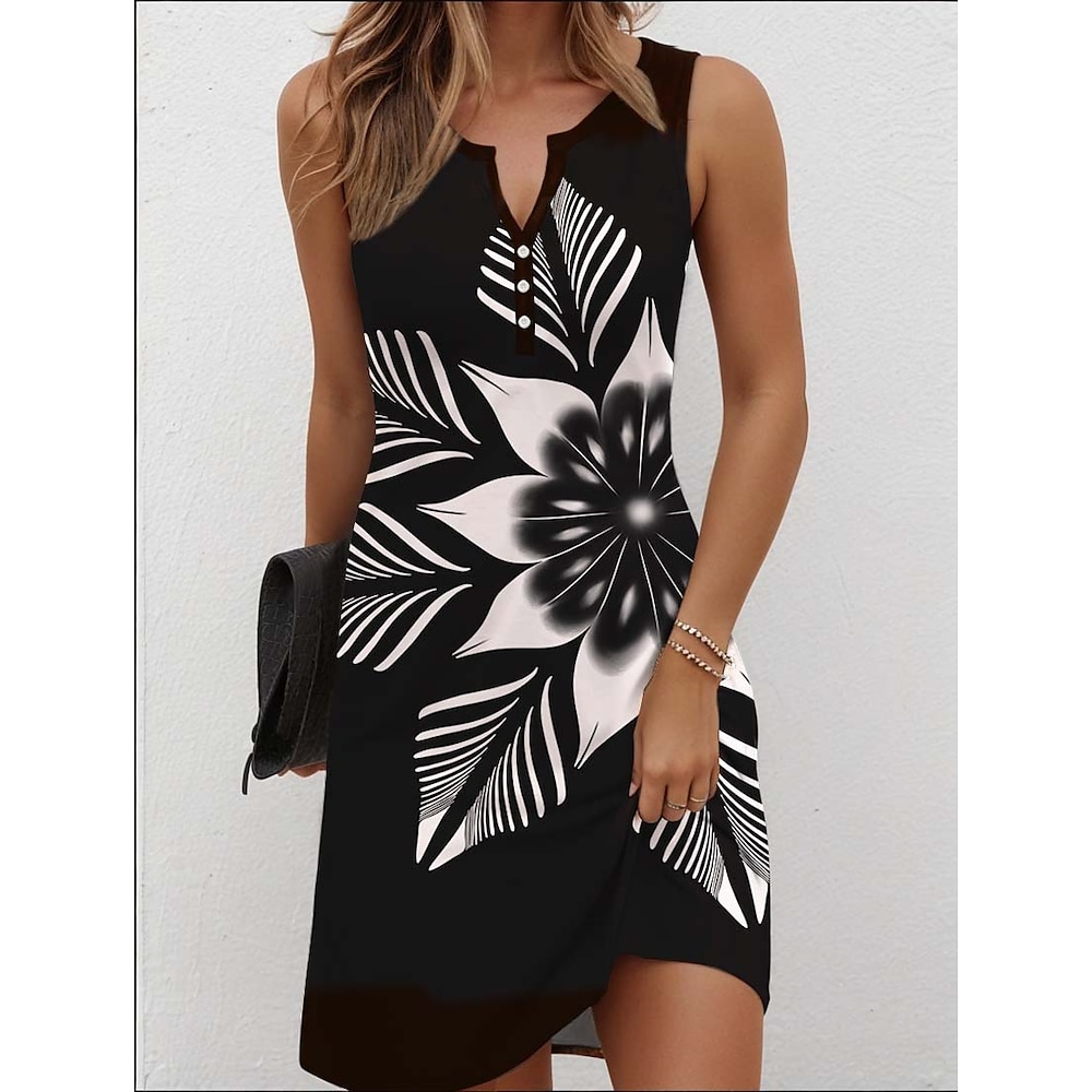 Damen Casual kleid Minikleid Sommerkleid Brautkleider schlicht Urlaub Strasse Casual Regular Fit Blumen Graphic Geometrisch Ärmellos V Ausschnitt Schwarz und Weiß Sommer Frühling Lightinthebox