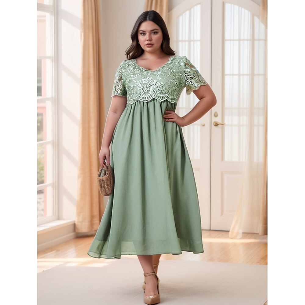 Damen Plus Size Hochzeitsgast Cocktailkleid Maxi Kleid Kontrastspitze Party Elegant Formal V-Ausschnitt Kurzarm Pink Grün Grau Farbe Lightinthebox
