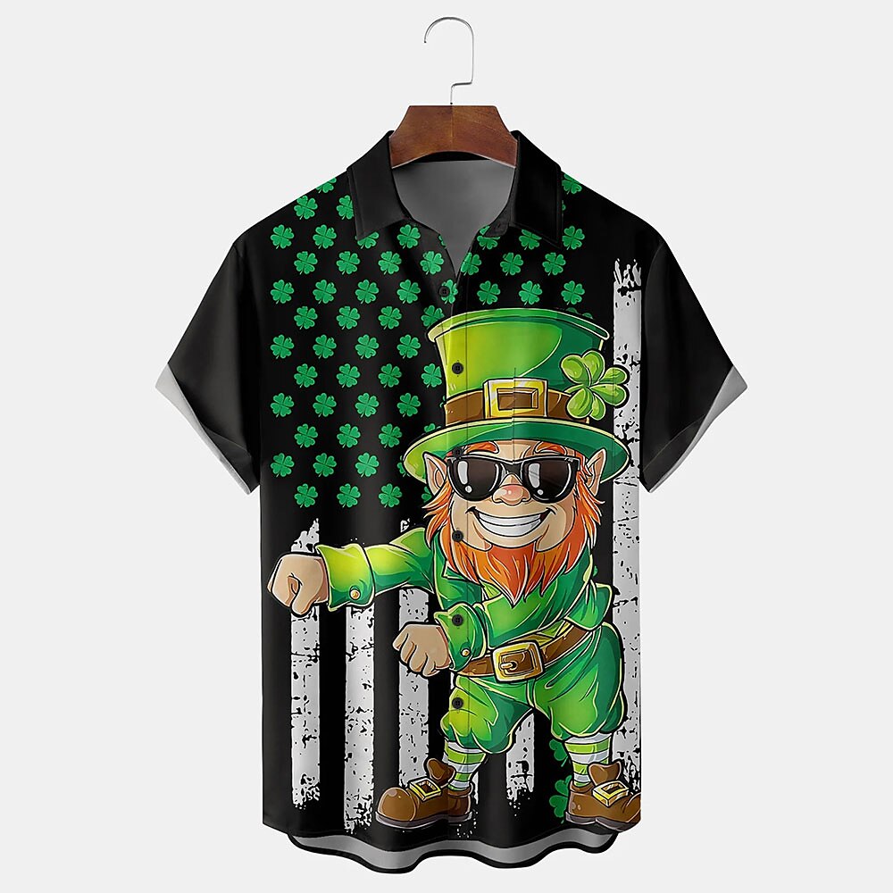 St. Patricks Day Herren Vierblättriges Kleeblatt Amerikanische US-Flagge Kobold Hemd Knopfhemd Kurzarm Vintage Urlaub Festtage Festival Sommer Frühling Umlegekragen Hemden mit Kragen Eine Tasche vorne Lightinthebox