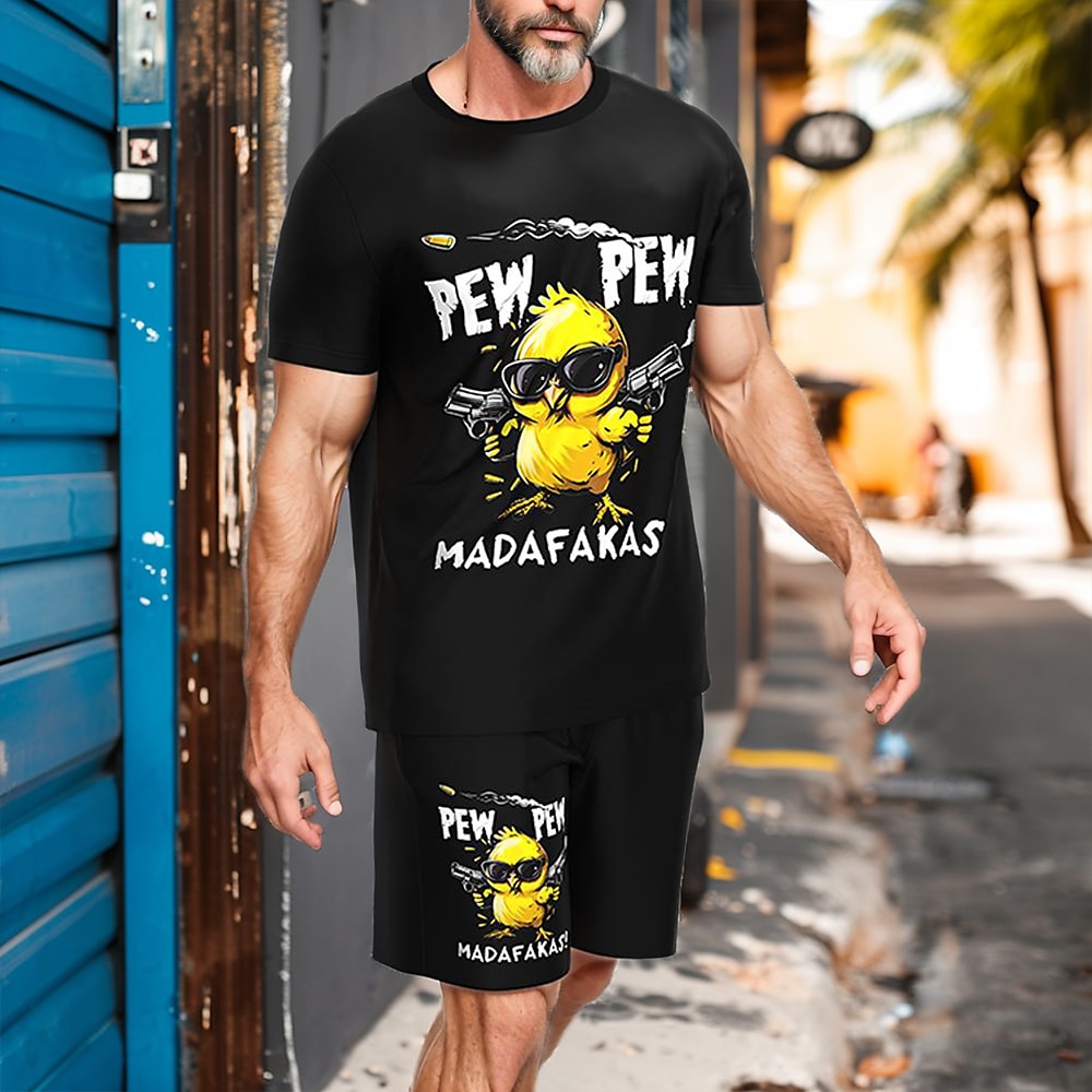 Herren Tier Zitate Sprüche 2St Sommertops Kurzarm Kurze Hosen T-Shirts-Sets Rundhalsausschnitt Sport Brautkleider schlicht Outdoor Urlaub Sport 3D-Druck Schwarz Lightinthebox