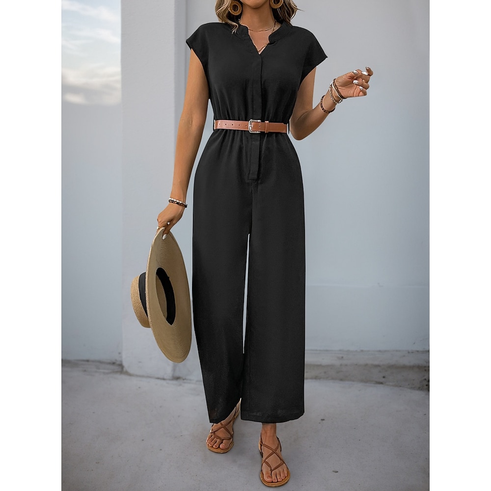 Damen Normal Jumpsuit Strassenmode Feste Farbe Kurzarm V Ausschnitt Knopf Hohe Taillenlinie Urlaub B¨¹ro Regular Fit Schwarz Sommer Lightinthebox