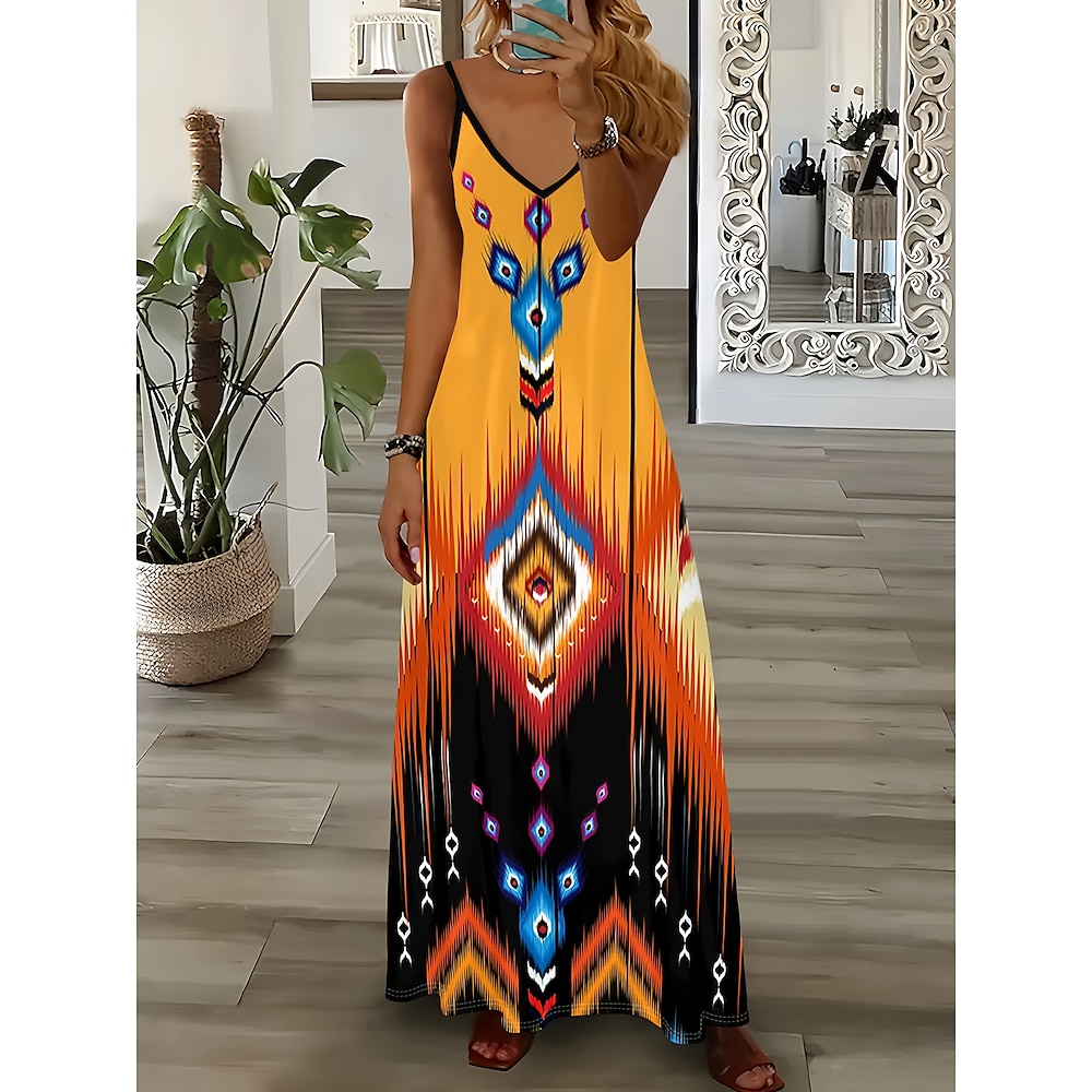 Damen Maxidress Casual kleid A Linie Kleid skims dress Böhmen Urlaub Vintage Urlaub Täglich Regular Fit Geometrisch Ärmellos V Ausschnitt Orange Sommer Lightinthebox