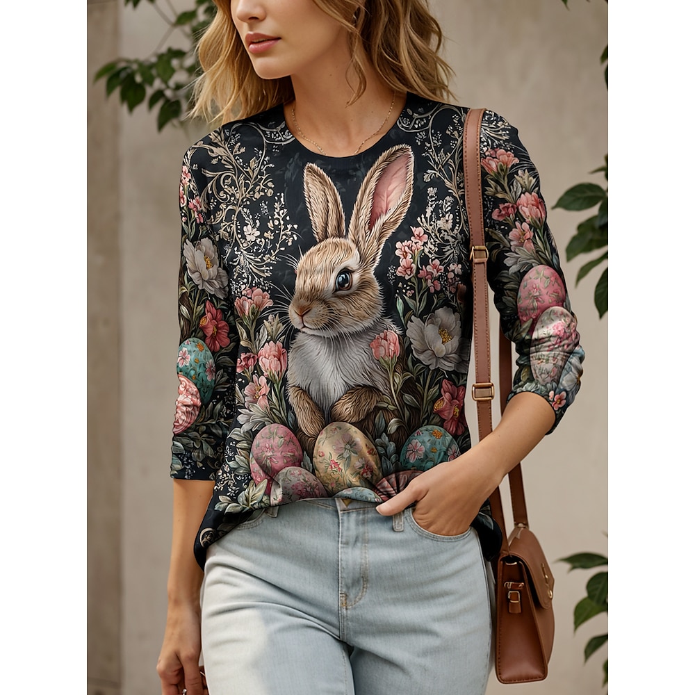 Ostern Damen Bluse Blumen Graphic Tier Brautkleider schlicht Langarm Rundhalsausschnitt Normale Oberteile Täglich Bedruckt Rosa Sommer Frühling Lightinthebox