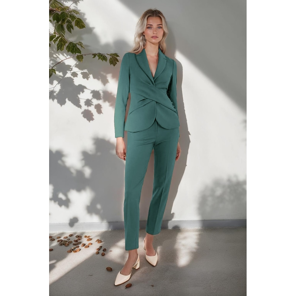 Jumpsuit / Hosenanzug 2-teiliger Anzug für die Mutter der Braut, elegant, schlicht, minimalistisch, V-Ausschnitt, Wickeldetails, knöchellange Hose, Stretch-Crêpe, einfarbig mit verdeckten Knöpfen, Lightinthebox