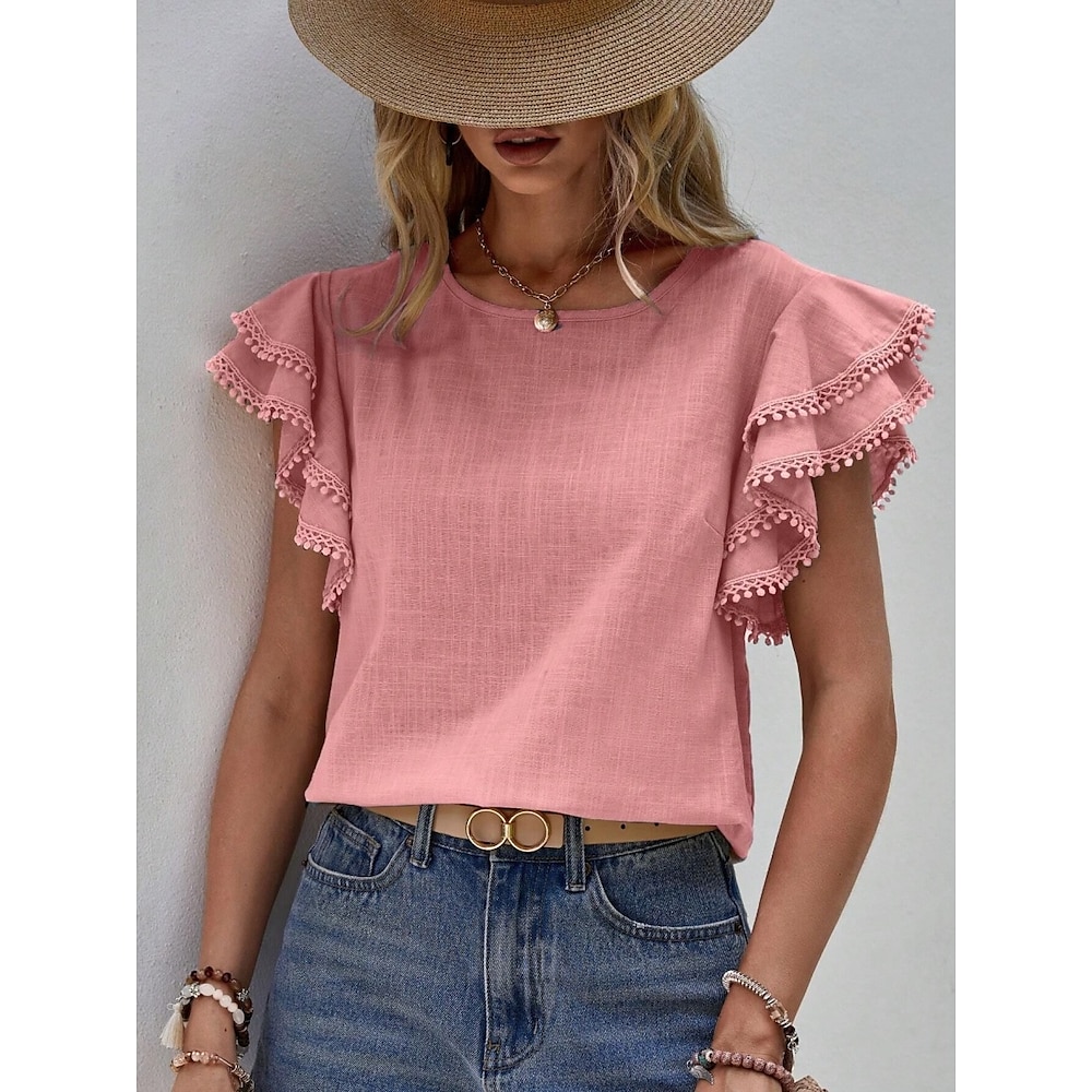 Damen T Shirt Glatt Modisch Modern Brautkleider schlicht Kurzarm Rundhalsausschnitt Normale Oberteile Täglich Wochenende Rüsche Rosa Blau Sommer Lightinthebox