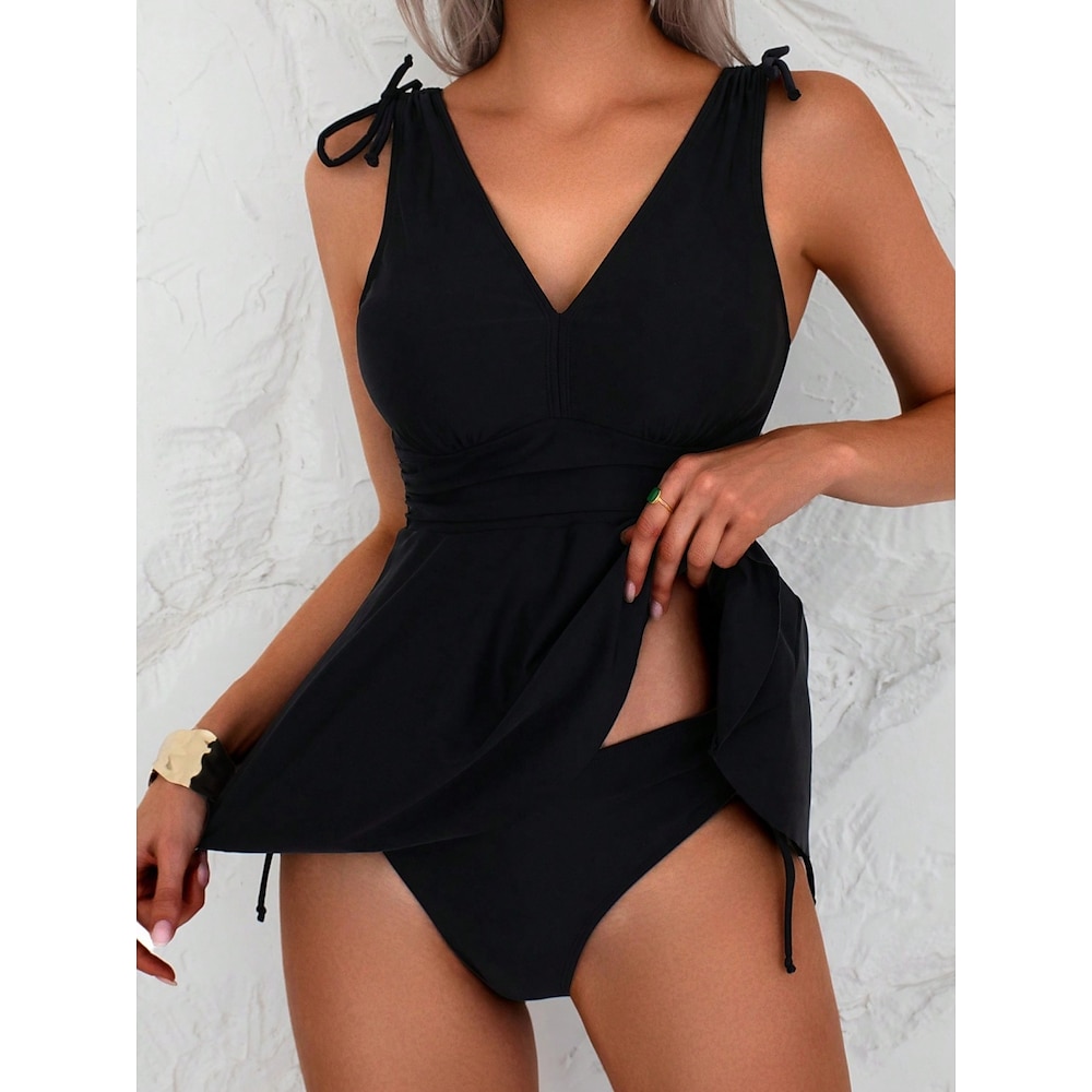 Damen Badeanzug Tankini 2 Stück Cheeky-Bikinihose Bademode Rückenfrei Hohe Taillenlinie Urlaub Strandbekleidung Feste Farbe V Ausschnitt Ärmellos Badeanzüge Lightinthebox