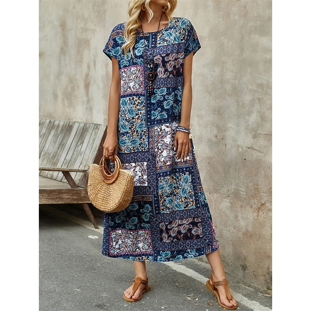 Damen Midikleid Casual kleid Boho Chic Kleider A Linie Kleid Böhmen Urlaub Stilvoll Urlaub Casual Täglich Regular Fit Graphic Kurzarm Rundhalsausschnitt Marineblau Sommer Frühling Lightinthebox