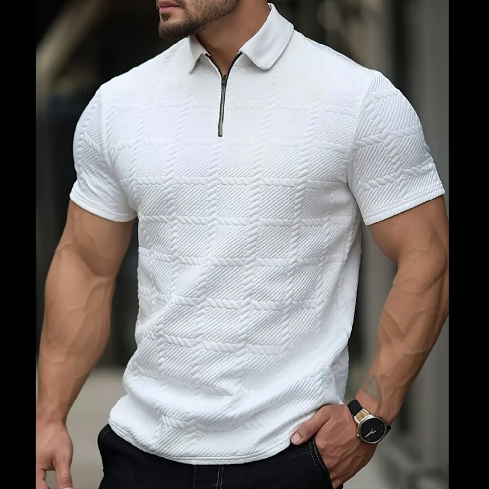 Herren Zip Polo Golf Poloshirts Casual Festtage Kargen Viertel Postleitzahl Kurzarm Modisch Basic Gitter / Plaid Viertel Postleitzahl Sommer Regular Fit Weiß Zip Polo Lightinthebox