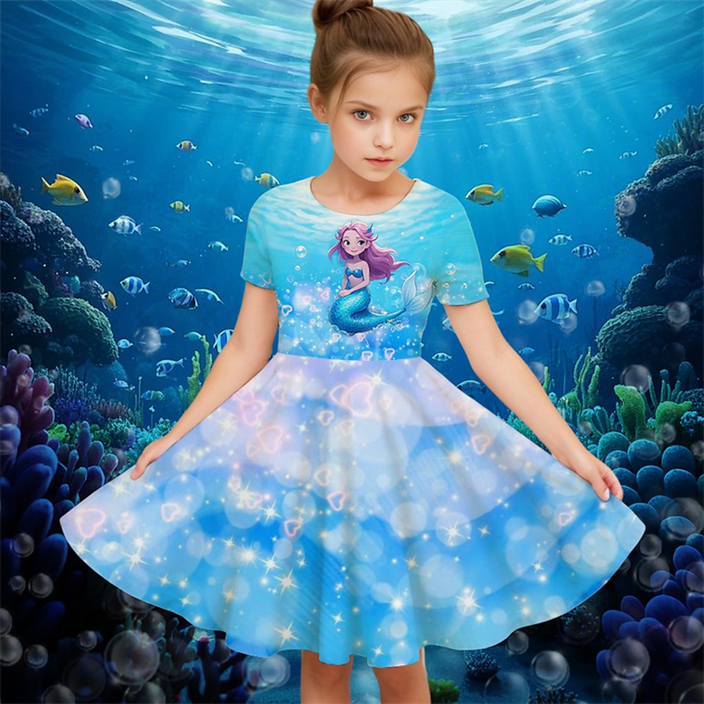 Mädchen' 3D Graphic Meerjungfrau Kleid Kurzarm Sommer Frühling Urlaub Täglich Festtage Prinzessin Schön Süß kinderkleidung 4-12 Jahre Casual kleid A Linie Kleid Knielang Regular Fit Lightinthebox