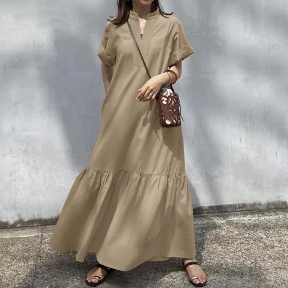 Damen Casual kleid Baumwoll-Leinenkleid Stilvoll Brautkleider schlicht Urlaub Täglich Verabredung Regular Fit Glatt Kurzarm Ständer Schwarz Wein Khaki Sommer Frühling Lightinthebox