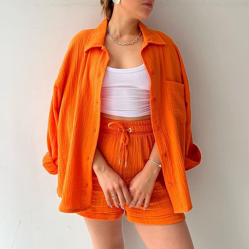 Damen Modisch Strassenmode Hemd Shorts-Sets Unterhalb der knielangen Shorts Langarm Hemdkragen Feste Farbe Kordelzug Freizeitskleidung Verabredung Weiß Dunkelpink Orange Sommer Regular Fit Lightinthebox