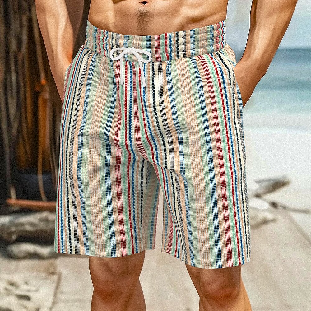 Herren Shorts Kurze Hosen Leinenshorts Kurze Hosen Sommer-Shorts Strandshorts Kurze Hosen Kordelzug Elastische Taille Streifen Komfort Atmungsaktiv Knielänge Outdoor Urlaub Täglich Urlaub Modisch Lightinthebox