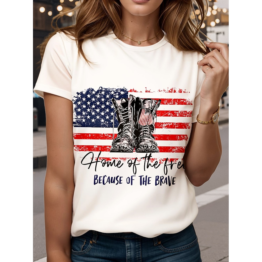 Damen T Shirt Fahne Amerikanische Flagge Stilvoll Brautkleider schlicht Kurzarm V Ausschnitt Normale Oberteile Täglich Bedruckt Weiß Sommer Frühling Lightinthebox