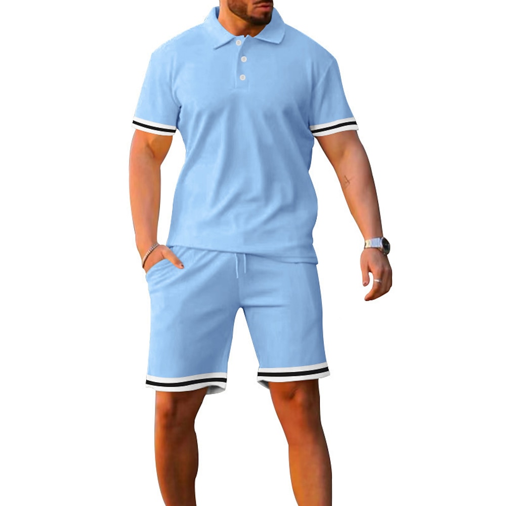 Herren Trainingsset Trainingsanzug Poloshirt und Shorts einstellen Outfit-Set Kargen Outdoor Täglich Sport Tasche Kordelzug 2 teilig Glatt Schwarz Weiß Marineblau Polyester Sportkleidung Klassisch Lightinthebox