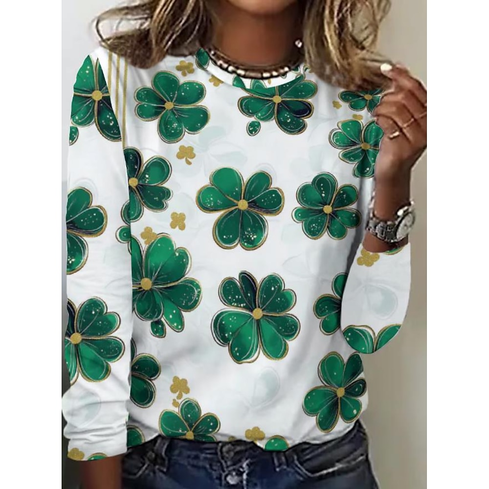 St. Patrick Damen T Shirt Kleeblatt Elegant Vintage Modisch Langarm Rundhalsausschnitt Normale Oberteile Täglich Ausgehen Wochenende Bedruckt Grün Sommer Frühling Lightinthebox