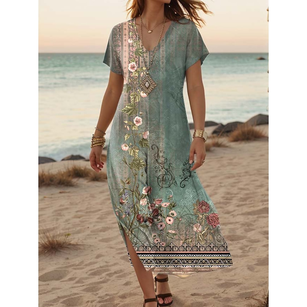 Damen Maxidress Casual kleid A Linie Kleid Stilvoll Brautkleider schlicht Urlaub Täglich Regular Fit Blumen Kurzarm V Ausschnitt Rote Blau Orange Grün Sommer Frühling Lightinthebox