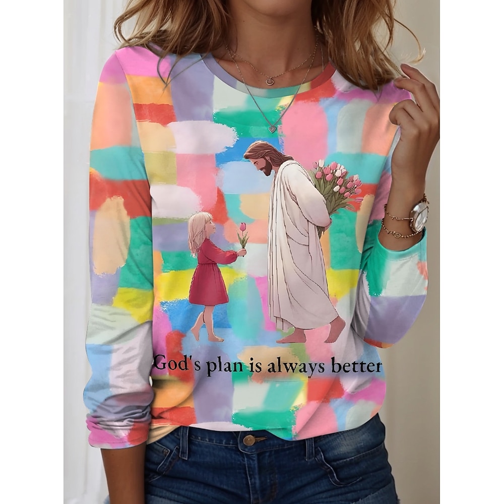 Damen T Shirt Liebe Blumen Graphic Brautkleider schlicht Langarm Rundhalsausschnitt Normale Oberteile Täglich Wochenende Süße Outfits Bedruckt Regenbogen Sommer Frühling Lightinthebox