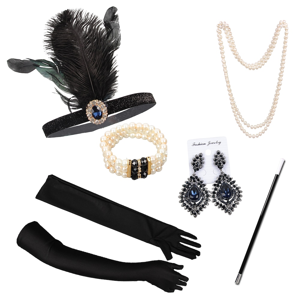 Brüllen 20s 1920s Flapper Stirnband Zubehörset Der große Gatsby Charleston Damen Feder Silvester Maskerade Party Erwachsene 1 Halskette Handschuhe Kopfbedeckung Lightinthebox