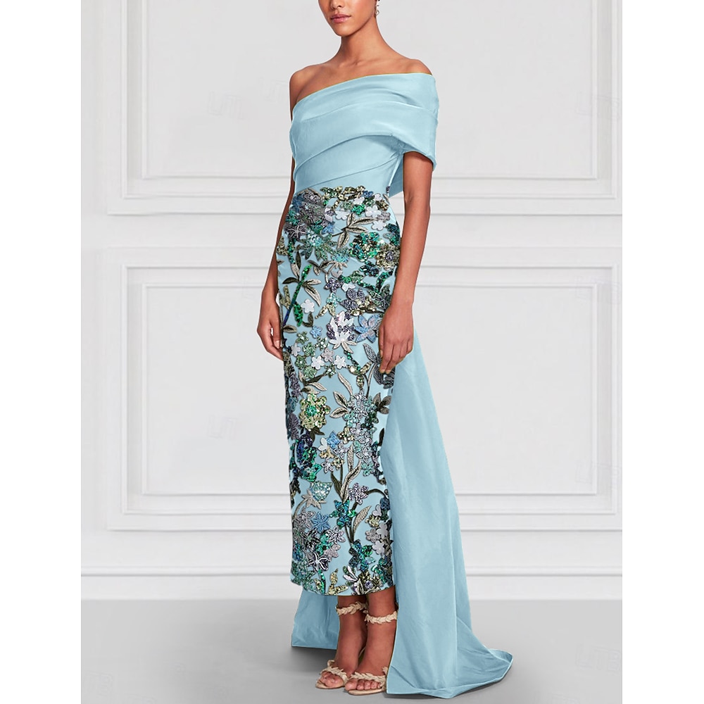 grün-blaues, floral besticktes Abendkleid mit säulenförmigem Schnitt, elegantes Kleid für formelle Hochzeiten, bodenlang, kurzärmlig, schulterfrei, Satin mit Schlitz 2025 Lightinthebox