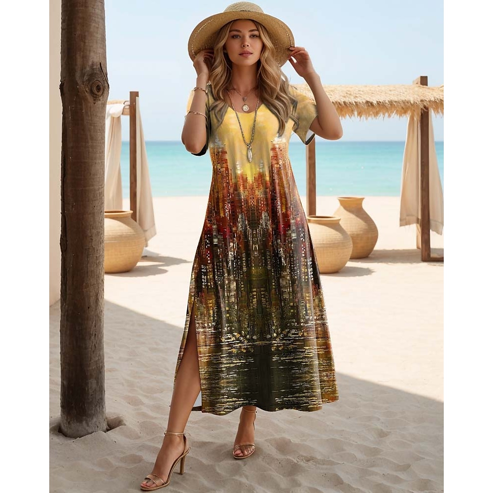 Damen Normal schwarzes kleid Langärmliges Boho-Kleid Schmetterling Elegant Vintage Urlaub Strand Regular Fit Graphic Geometrisch Punkt Kurzarm Rundhalsausschnitt Gelb Frühling Herbst Lightinthebox