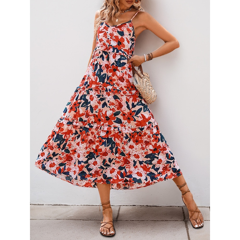 Damen Casual kleid Schaukelkleid A Linie Kleid Stilvoll Brautkleider schlicht Blumen Maxidress Ärmellos Gurt Rückenfrei Bedruckt Regular Fit Urlaub Täglich Orange Sommer Lightinthebox