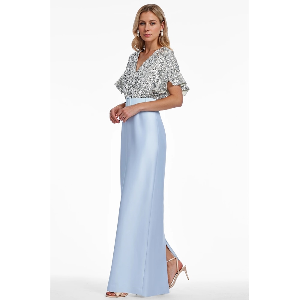 blaues säulenförmiges Abendkleid, elegantes Kleid für formelle Hochzeitsgäste, bodenlang, kurze Ärmel, V-Ausschnitt, Gürtel/Schärpe, Satin mit Glitzer-Pailletten-Schlitz 2025 Lightinthebox