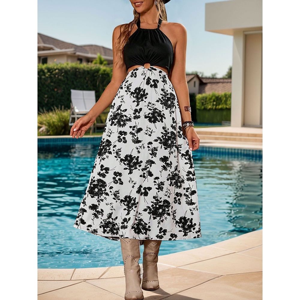 Damen Casual kleid A Linie Kleid Stilvoll Brautkleider schlicht Urlaub Täglich Regular Fit Blumen Ärmellos Halfterhals Schwarz Sommer Lightinthebox