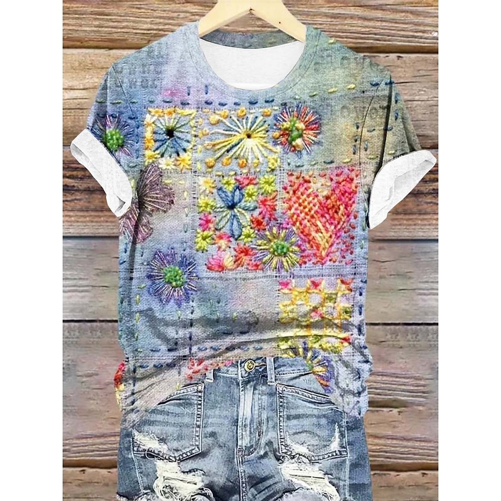 Damen T Shirt Farbverlauf Blumen Brautkleider schlicht Kurzarm Rundhalsausschnitt Normale Oberteile Täglich Bedruckt Himmelblau Sommer Lightinthebox