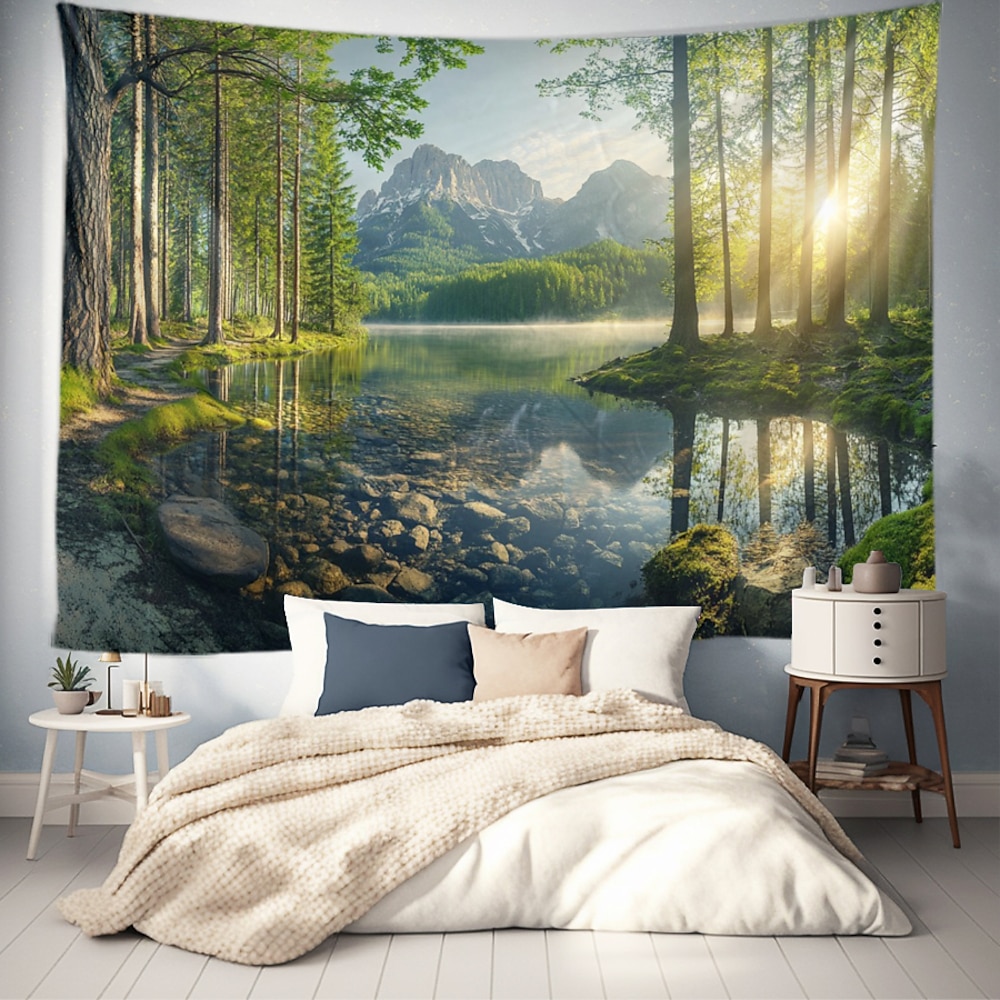 Landschaft Wald Hängender Wandteppich Wandkunst Großer Wandteppich Wandmalerei Dekoration Fotohintergrund Decke Vorhang Wohnheim Schlafzimmer Wohnzimmerdekoration Lightinthebox