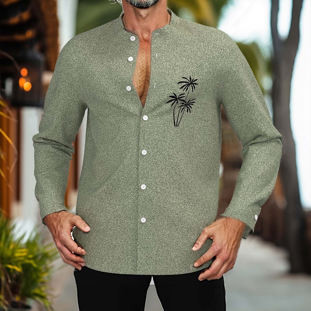 Herren Kokosnussbaum Tropische Pflanzen Hemd Hawaiihemd Sommerhemd Hemd ohne Kragen Langarm Hawaiianisch Resort Urlaub Casual Festtage Sommer Frühling Stehkragen 3D-Druck Button-Down-Hemden Grün Lightinthebox