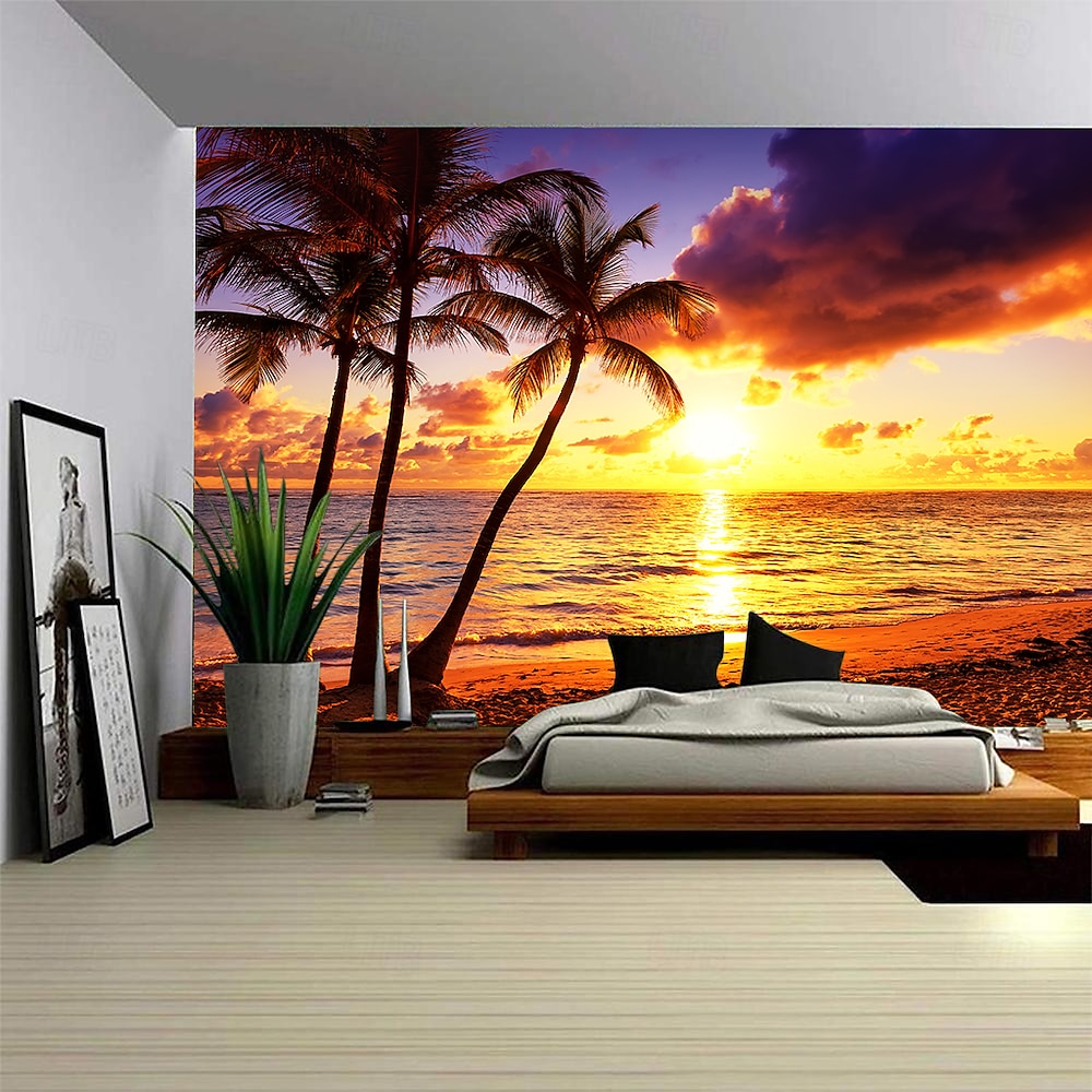 Landschaft Sonnenuntergang Strand hängender Wandteppich Wandkunst großer Wandteppich Wanddekoration Fotohintergrund Decke Vorhang Zuhause Schlafzimmer Wohnzimmerdekoration Palme Lightinthebox