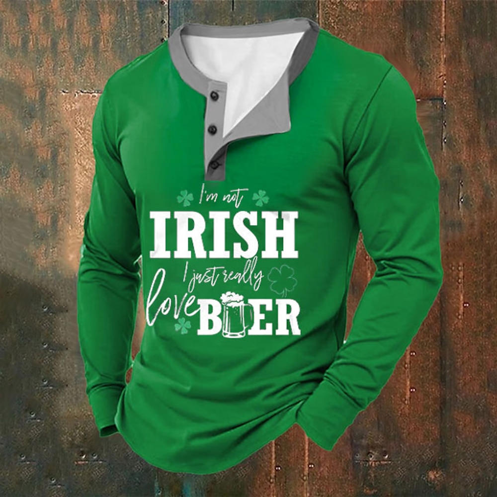 Herren St. Patrick Graphic Vierblättriges Kleeblatt Irish Beer Henley Shirt Langarm Modisch Kuschelig Täglich Casual Festtage Ausgehen Frühling Herbst Schwarz Hellgrün Dunkelgrün Henley Henley Lightinthebox