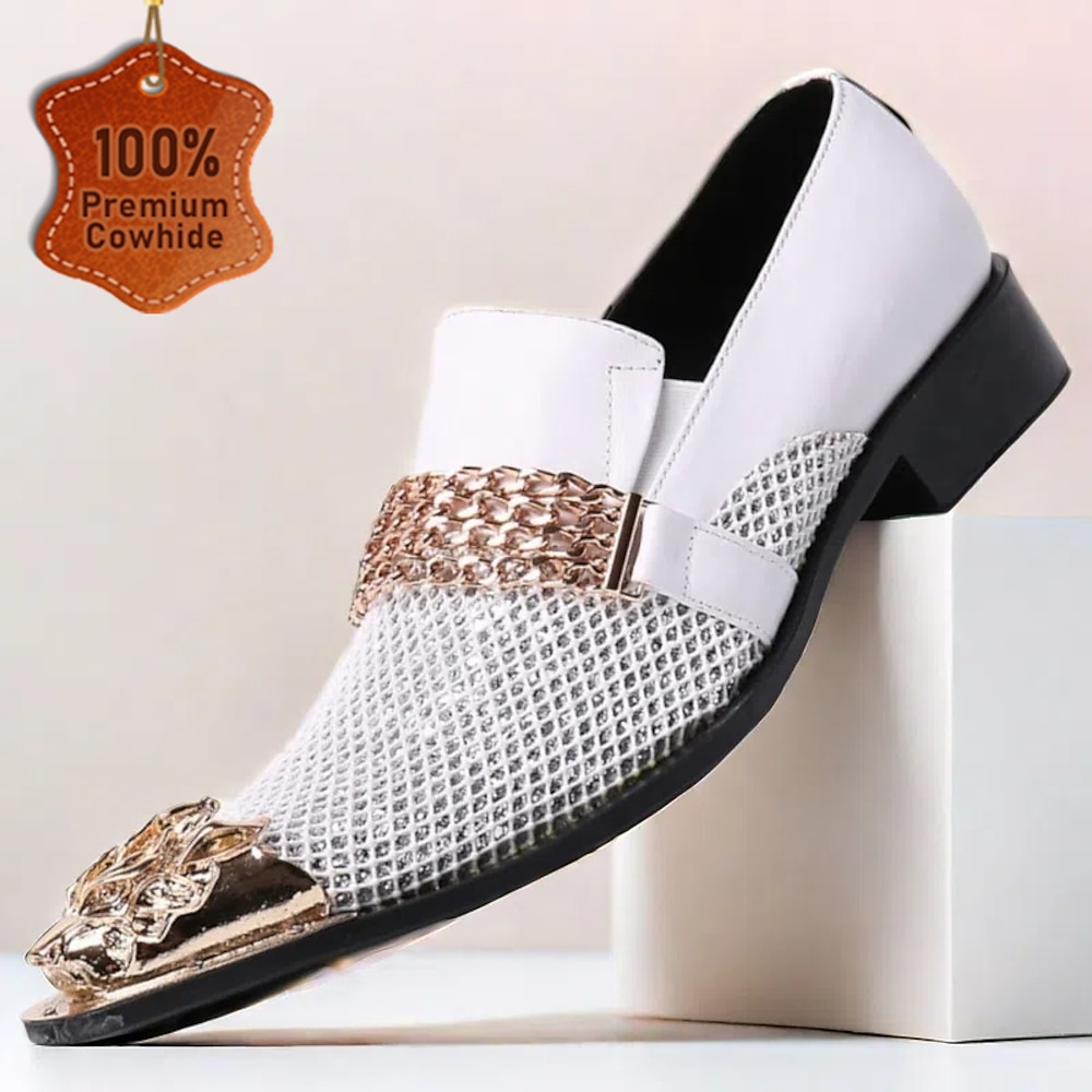 Herren-Slipper aus weißem Premium-Rindsleder mit metallischer Roségoldkette und dekorativer Zehenpartie, stilvolles Freizeitschuhwerk für formelle und halbformelle Anlässe Lightinthebox