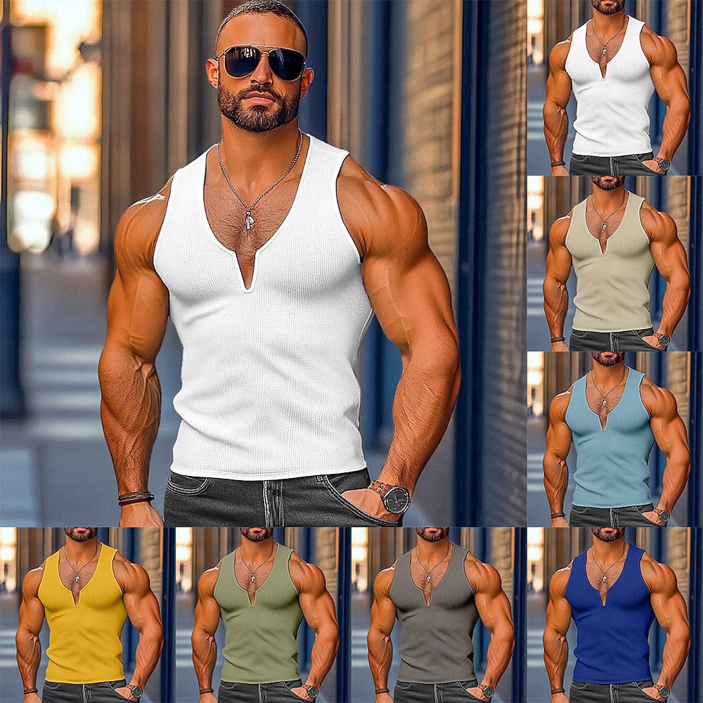 Herren Waffel-Tanktop Tank Top Weste Unterhemden Ärmelloses Hemd Glatt V Ausschnitt Strasse Casual Ärmellos Bekleidung Modisch Klassisch Komfortabel Groß und hoch Lightinthebox