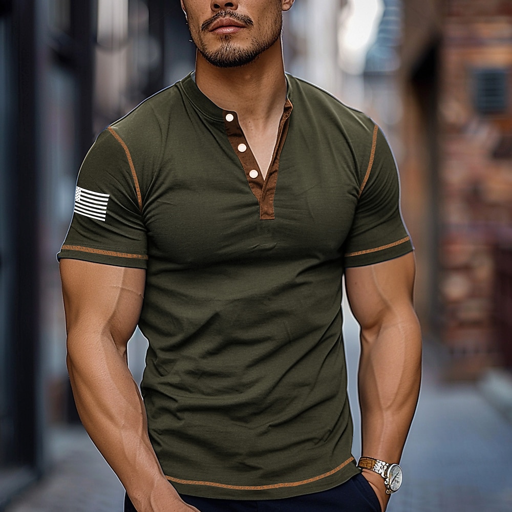 Herren Fahne Farbblock Henley Shirt Tee Kurzarm Vintage Modisch Designer Outdoor Casual Täglich Frühling Herbst Grau Armeegrün Marineblau Henley Henley T-Shirt Lightinthebox