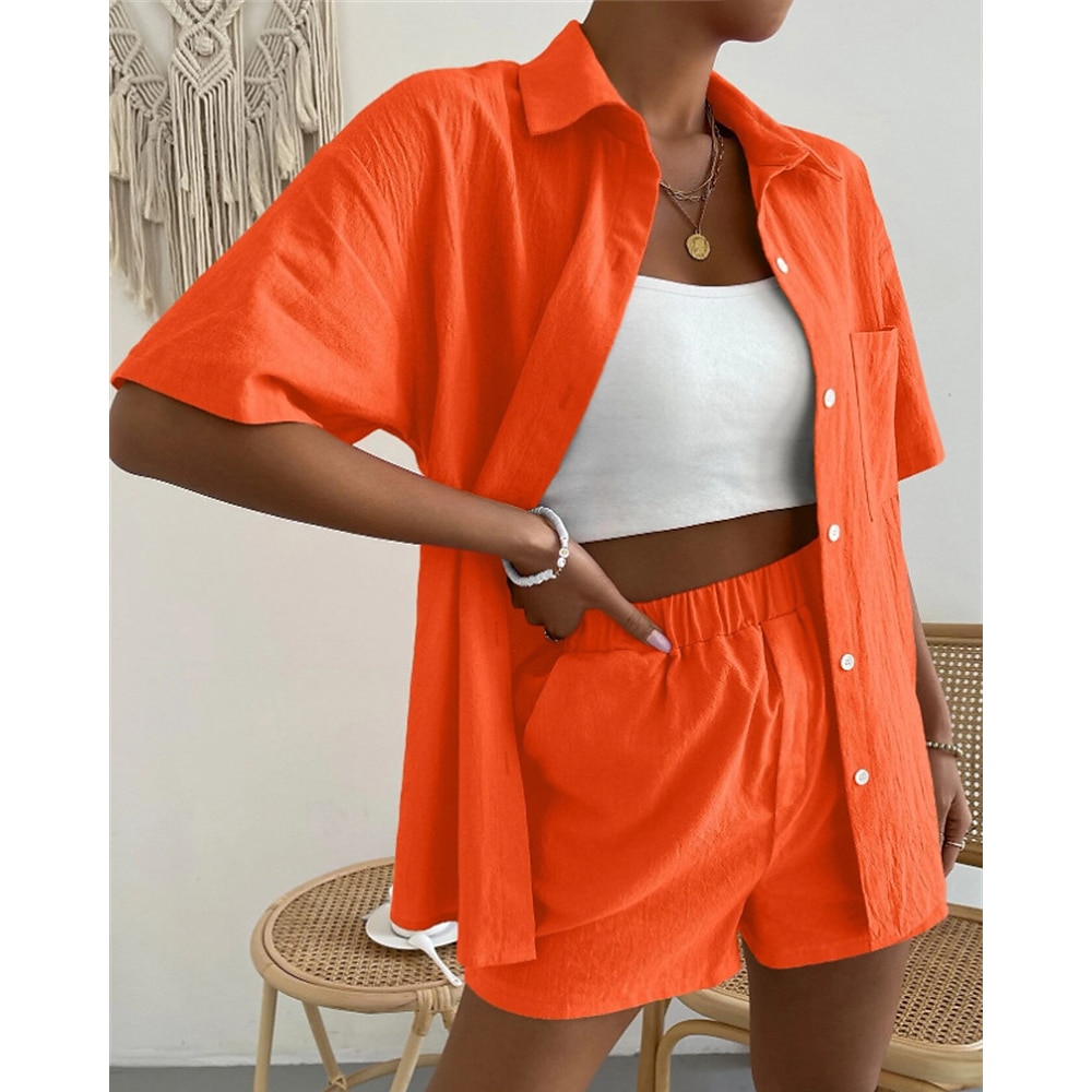 Damen Modisch Strassenmode Hemd Shorts-Sets Leinenhose Baggy Shorts Kurze Hosen Langarm Hemdkragen Feste Farbe Freizeitskleidung Verabredung Blau Purpur Orange Sommer Regular Fit Lightinthebox