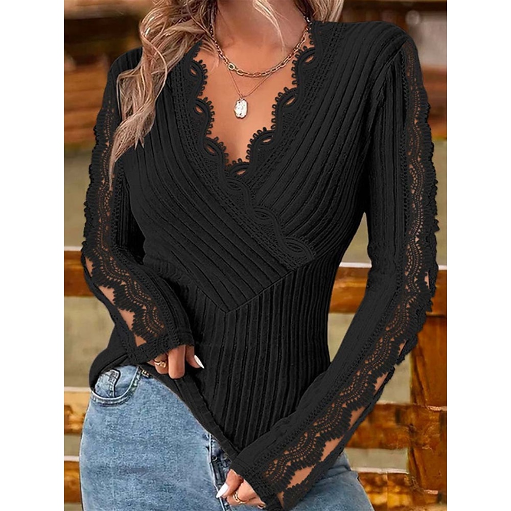 Damen Elegante Oberteile Elegant Langarm V Ausschnitt Normale Oberteile Schwarz Weiß Sommer Frühling Lightinthebox